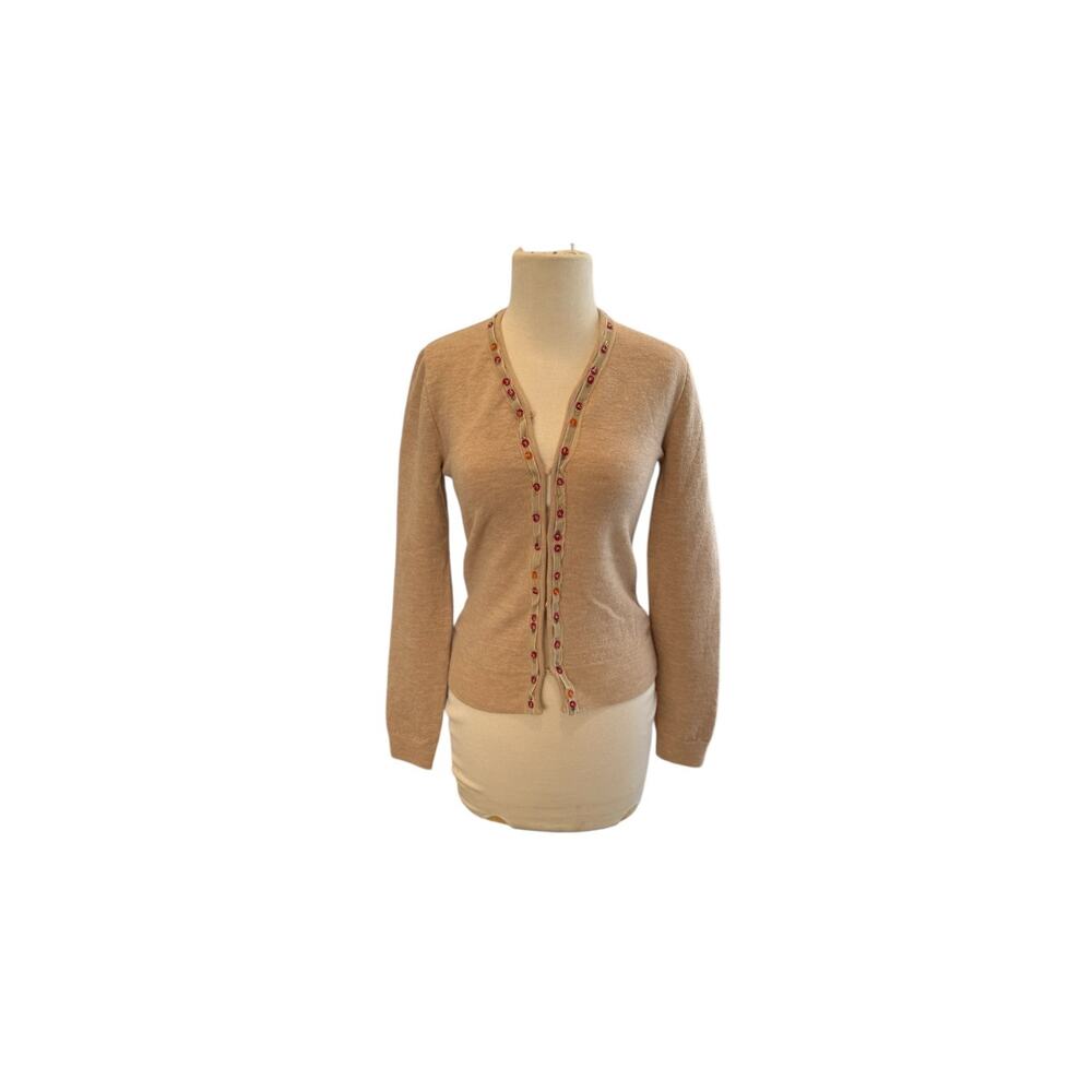 Vintage Simonetta Womens Wool Cardigan Beige Floral Embellishment Coquette READ